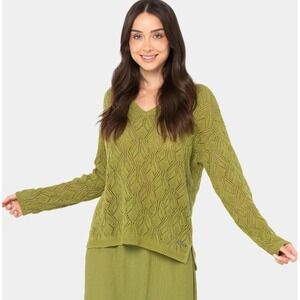 Peace Love World Green Knit V Neck Sweater Bohemian Leaf Pattern Size 1X